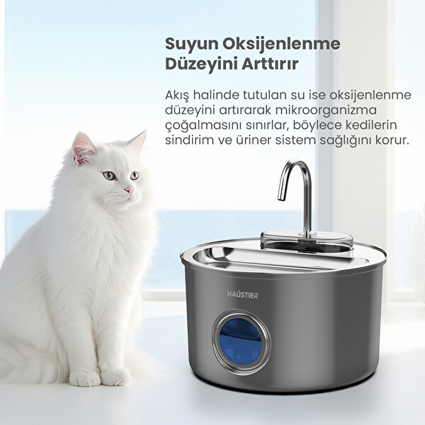 Haustier WF009LS-M Otomatik Kedi Su Pınarı 3.5 Lt Paslanmaz Çelik Kedi Su Sebili