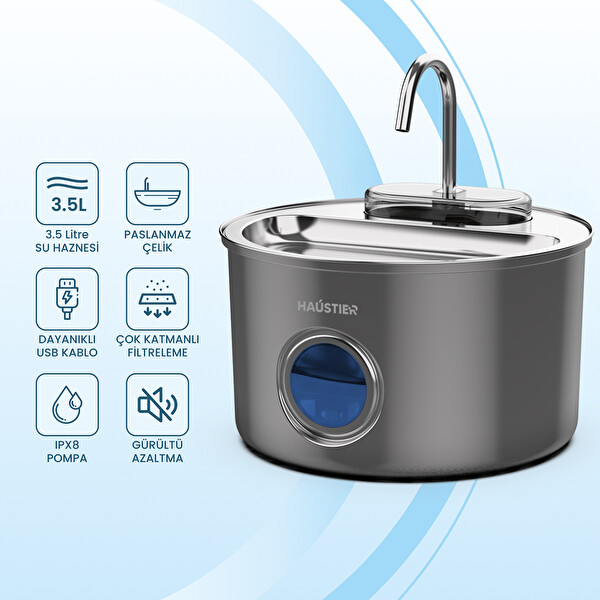 Haustier WF009LS-M Otomatik Kedi Su Pınarı 3.5 Lt Paslanmaz Çelik Kedi Su Sebili