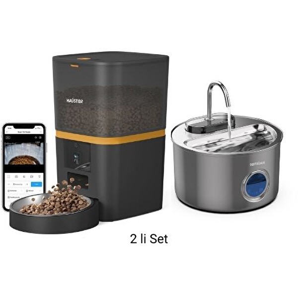 Haustier QQ005 Akıllı Mama Kabı ve WF009LS-M 2'li Set Siyah Paslanmaz Çelik