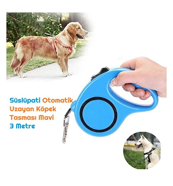 Süslü Pati Otomatik Uzayan Köpek Tasması - Mavi 3 M