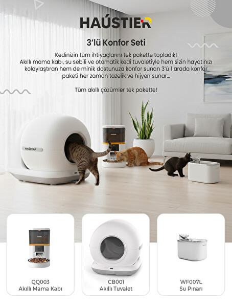 Haustier Kameralı Akıllı Otomatik Kedi Tuvaleti - Akıllı Mama Kabı - Kedi Su Sebili 3'lü Set