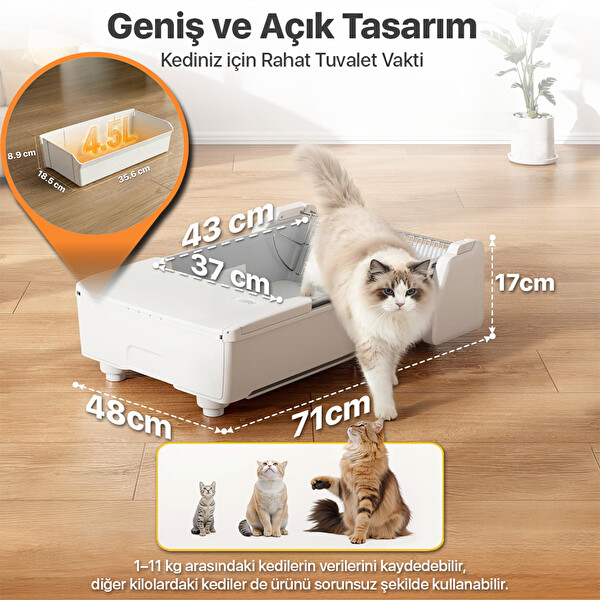 UBPet Ucat C31 Mobil Uygulama Kontrollü Otomatik Temizleme 38 dB Sessiz Açık Tasarımlı Akıllı Otomatik Kedi Tuvaleti