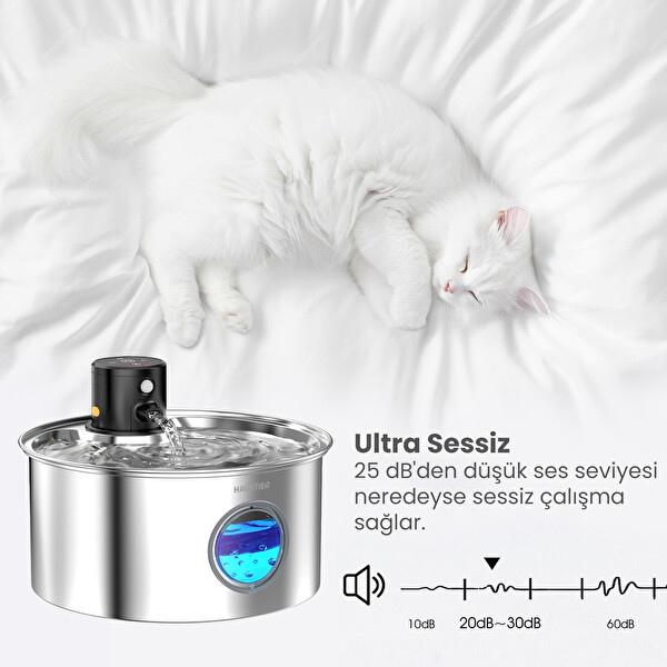 Haustier W2 Otomatik Sensörlü Bataryalı Ultra Sessiz Çelik 3.2L Hazne Kablosuz Kedi Su Pınarı