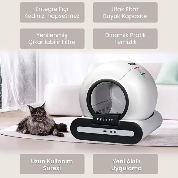 Petfit Ti+ 65L Wi-Fi Akıllı Otomatik Kedi Tuvaleti Kum Kabı Siyah - Ultra Sessiz - APP Kontrol - Akıllı Sensör - UV Filtre