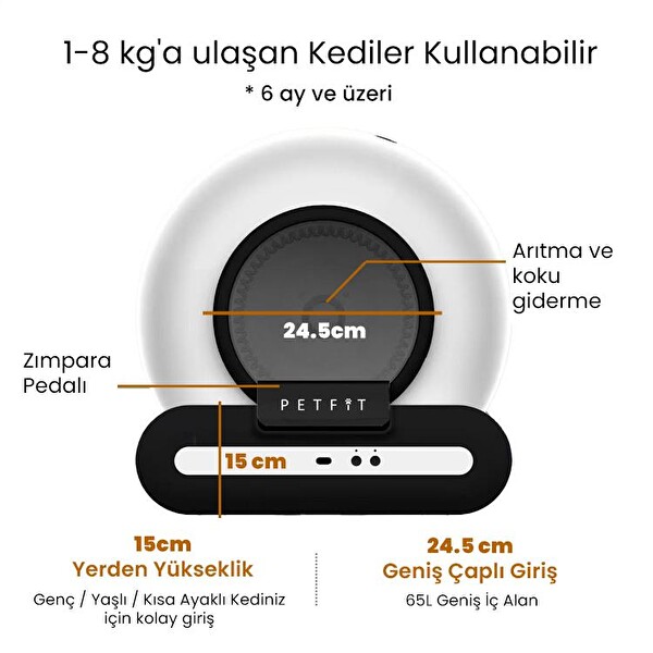 Petfit Ti+ 65L Wi-Fi Akıllı Otomatik Kedi Tuvaleti Kum Kabı Siyah - Ultra Sessiz - APP Kontrol - Akıllı Sensör - UV Filtre
