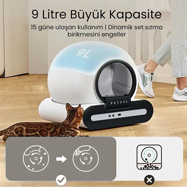 Petfit Ti+ 65L Wi-Fi Akıllı Otomatik Kedi Tuvaleti Kum Kabı Siyah - Ultra Sessiz - APP Kontrol - Akıllı Sensör - UV Filtre
