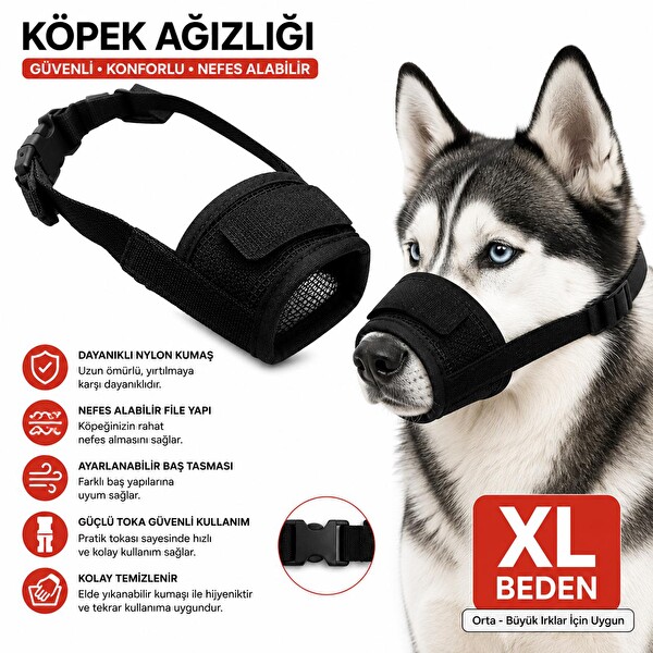 Valkyrie XL Beden Nefes Alabilir Fileli Ayarlanabilir Isırma Önleyici Yumuşak Siyah Köpek Ağızlığı