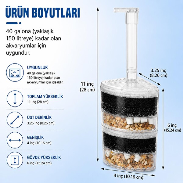 Valkyrie Köşe Akvaryum İç Filtresi 6 Katmanlı Biyolojik Süngerli Seramik Halkalı Sessiz Akvaryum Filtresi