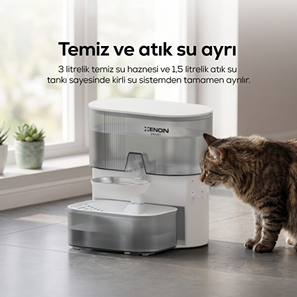 Xenon Smart X8659 Otomatik 3L 2000 mAh Taze Su Döngüsü Çelik Kase Standart Kedi Su Pınarı