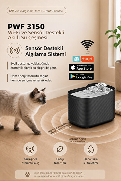Premier PWF 3150 Petmate Flowsense Pro Wi-Fi ve Sensörlü Akıllı Otomatik Kedi - Köpek Su Çeşmesi 2.5 L Siyah