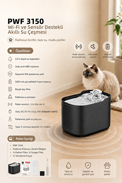 Premier PWF 3150 Petmate Flowsense Pro Wi-Fi ve Sensörlü Akıllı Otomatik Kedi - Köpek Su Çeşmesi 2.5 L Siyah