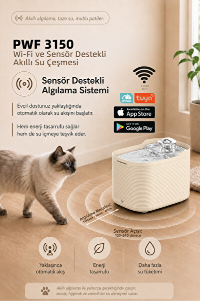 Premier PWF 3150 Petmate Flowsense Pro Wi-Fi ve Sensörlü Akıllı Otomatik Kedi - Köpek Su Çeşmesi 2.5 L Krem