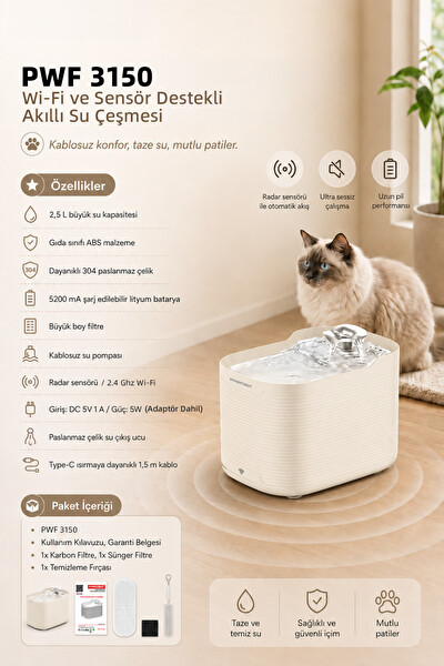Premier PWF 3150 Petmate Flowsense Pro Wi-Fi ve Sensörlü Akıllı Otomatik Kedi - Köpek Su Çeşmesi 2.5 L Krem
