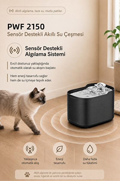 Premier PWF 2150 Petmate Flowsense Akıllı Otomatik Sensörlü Kedi - Köpek Paslanmaz Çelik Su Çeşmesi 2.5 L Siyah