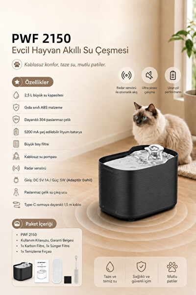 Premier PWF 2150 Petmate Flowsense Akıllı Otomatik Sensörlü Kedi - Köpek Paslanmaz Çelik Su Çeşmesi 2.5 L Siyah