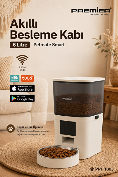 Premier PPF 1003 Petmate Smart Mobil Uygulama ile Yemek Programı ve Manuel Besleme Akıllı Otomatik Mama Kabı 6 L Krem