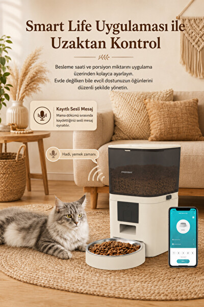 Premier PPF 1003 Petmate Smart Mobil Uygulama ile Yemek Programı ve Manuel Besleme Akıllı Otomatik Mama Kabı 6 L Krem