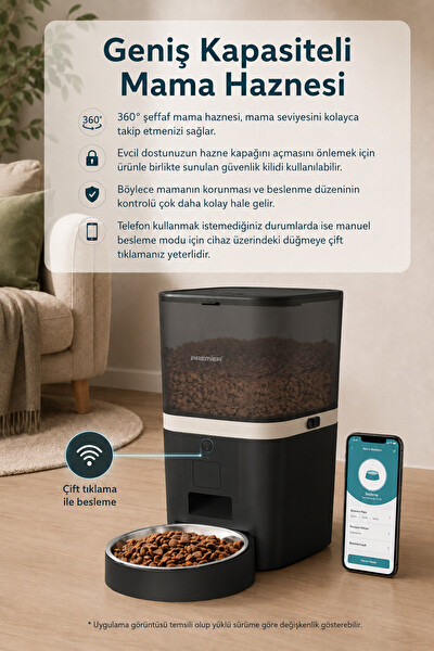 Premier PPF 1003 Petmate Smart Mobil Uygulama ile Yemek Programı ve Manuel Besleme Akıllı Otomatik Mama Kabı 6 L Siyah