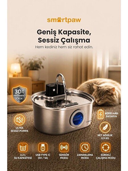 SmartPaw Aqua Max Sensörlü Kedi Su Pınarı (Distribütör Garantili)