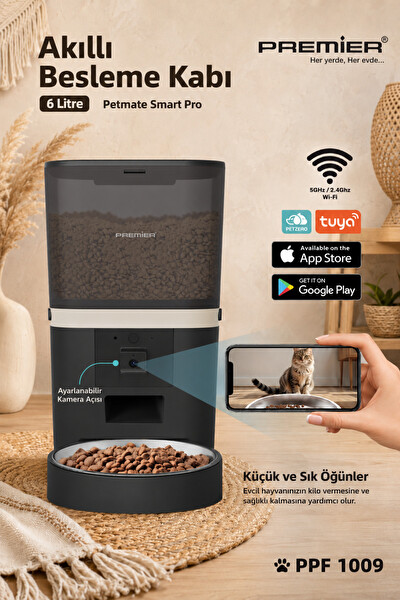 Premier Petmate Smart Pro PPF 1009 Wi-Fi Özellikli 1080P HD Kameralı Akıllı Otomatik Mobil Uygulamalı Mama Kabı 6L Siyah