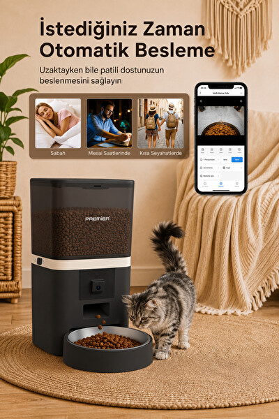 Premier Petmate Smart Pro PPF 1009 Wi-Fi Özellikli 1080P HD Kameralı Akıllı Otomatik Mobil Uygulamalı Mama Kabı 6L Siyah