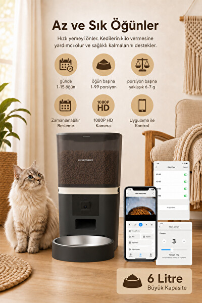 Premier Petmate Smart Pro PPF 1009 Wi-Fi Özellikli 1080P HD Kameralı Akıllı Otomatik Mobil Uygulamalı Mama Kabı 6L Siyah