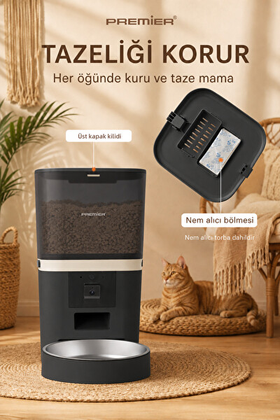 Premier Petmate Smart Pro PPF 1009 Wi-Fi Özellikli 1080P HD Kameralı Akıllı Otomatik Mobil Uygulamalı Mama Kabı 6L Siyah