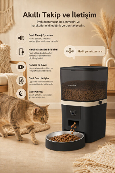 Premier Petmate Smart Pro PPF 1009 Wi-Fi Özellikli 1080P HD Kameralı Akıllı Otomatik Mobil Uygulamalı Mama Kabı 6L Siyah