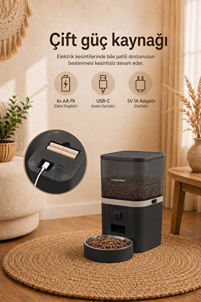 Premier Petmate Smart Pro PPF 1009 Wi-Fi Özellikli 1080P HD Kameralı Akıllı Otomatik Mobil Uygulamalı Mama Kabı 6L Siyah