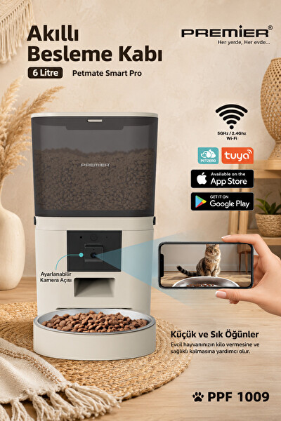 Premier Petmate Smart Pro PPF 1009 Wi-Fi Özellikli 1080P HD Kameralı Akıllı Otomatik Mobil Uygulamalı Mama Kabı 6L Krem