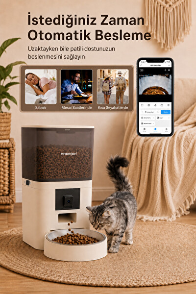 Premier Petmate Smart Pro PPF 1009 Wi-Fi Özellikli 1080P HD Kameralı Akıllı Otomatik Mobil Uygulamalı Mama Kabı 6L Krem