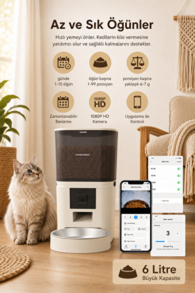 Premier Petmate Smart Pro PPF 1009 Wi-Fi Özellikli 1080P HD Kameralı Akıllı Otomatik Mobil Uygulamalı Mama Kabı 6L Krem