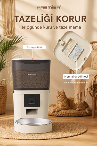 Premier Petmate Smart Pro PPF 1009 Wi-Fi Özellikli 1080P HD Kameralı Akıllı Otomatik Mobil Uygulamalı Mama Kabı 6L Krem