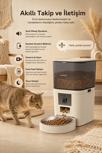 Premier Petmate Smart Pro PPF 1009 Wi-Fi Özellikli 1080P HD Kameralı Akıllı Otomatik Mobil Uygulamalı Mama Kabı 6L Krem