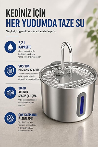 Coverzone ORM-502 2.2 L SUS 304 Paslanmaz Çelik Kedi Su Pınarı Sebili