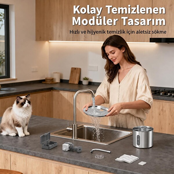 Coverzone ORM-502 2.2 L SUS 304 Paslanmaz Çelik Kedi Su Pınarı Sebili