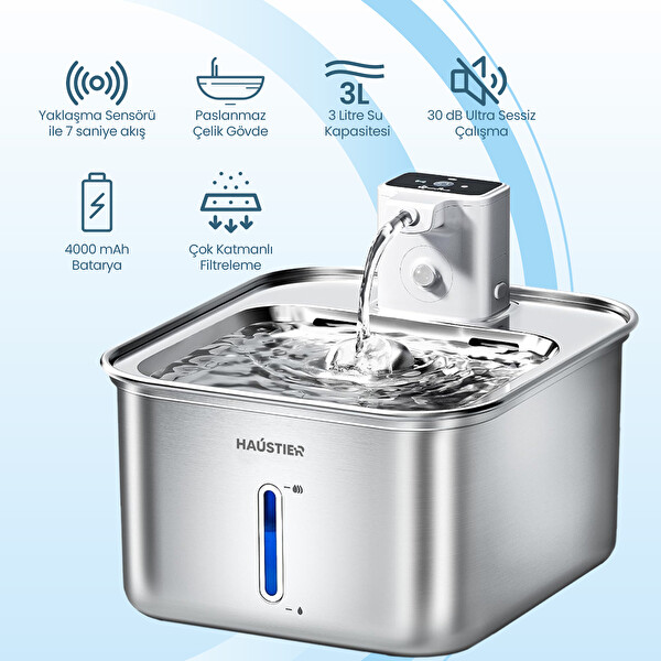Haustier WF08 3 L Sensörlü Kablosuz Bataryalı Ultra Sessiz Çelik Otomatik Kedi Su Pınarı