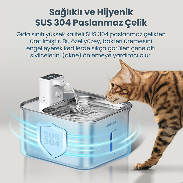 Haustier WF08 3 L Sensörlü Kablosuz Bataryalı Ultra Sessiz Çelik Otomatik Kedi Su Pınarı