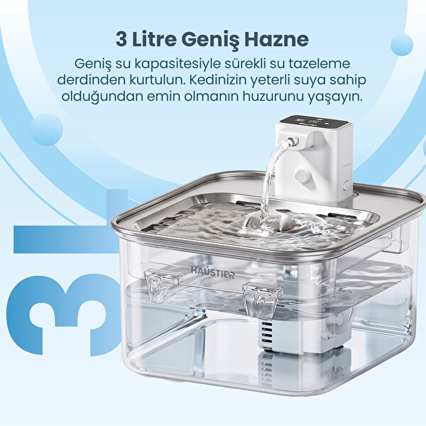 Haustier WF08 3 L Sensörlü Kablosuz Bataryalı Ultra Sessiz Çelik Otomatik Kedi Su Pınarı