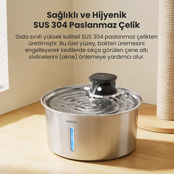 Haustier WF05 3.2 L Sensörlü Kablosuz Bataryalı Ultra Sessiz Çelik Otomatik Kedi Su Pınarı