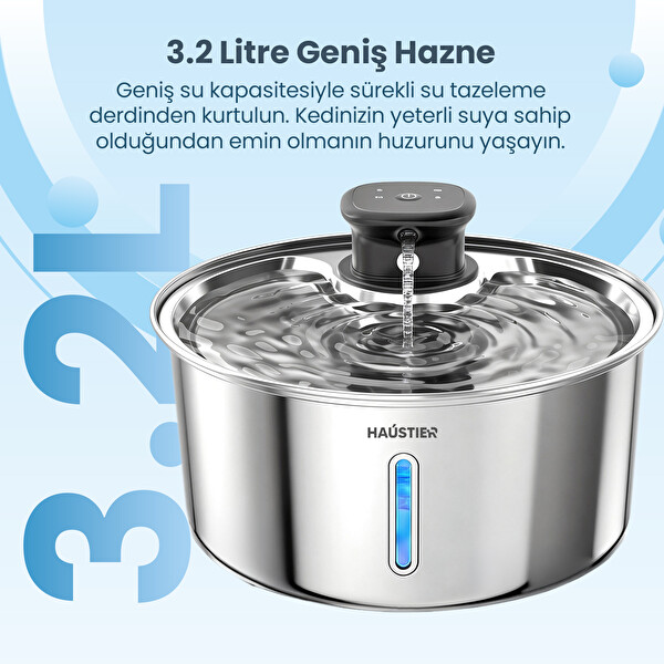 Haustier WF05 3.2 L Sensörlü Kablosuz Bataryalı Ultra Sessiz Çelik Otomatik Kedi Su Pınarı