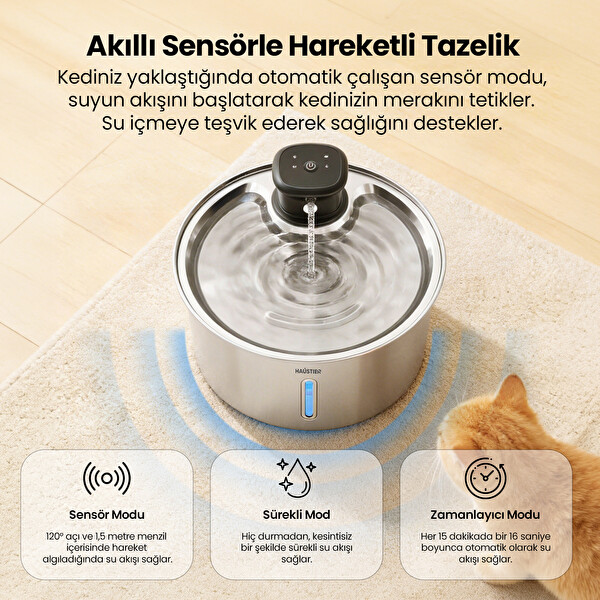 Haustier WF05 3.2 L Sensörlü Kablosuz Bataryalı Ultra Sessiz Çelik Otomatik Kedi Su Pınarı