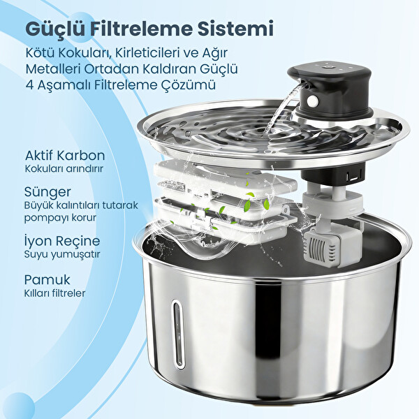 Haustier WF05 3.2 L Sensörlü Kablosuz Bataryalı Ultra Sessiz Çelik Otomatik Kedi Su Pınarı