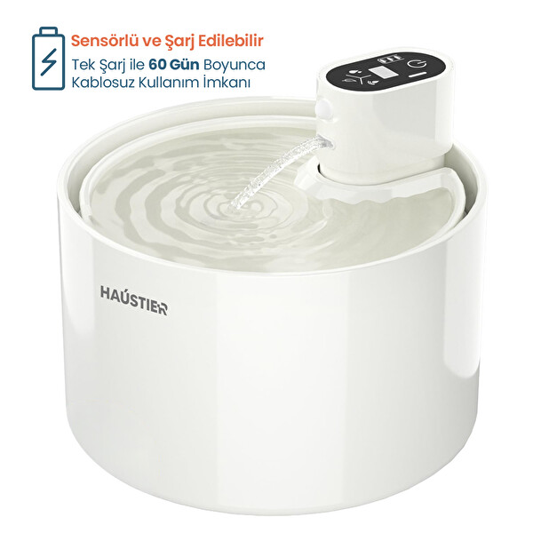 Haustier WF03 2.3 L Sensörlü Kablosuz Bataryalı Ultra Sessiz Seramik Otomatik Kedi Su Pınarı