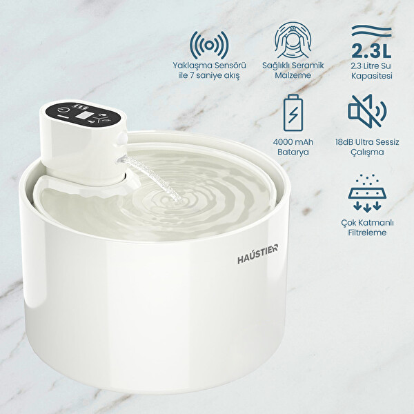 Haustier WF03 2.3 L Sensörlü Kablosuz Bataryalı Ultra Sessiz Seramik Otomatik Kedi Su Pınarı