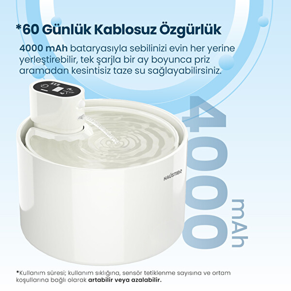 Haustier WF03 2.3 L Sensörlü Kablosuz Bataryalı Ultra Sessiz Seramik Otomatik Kedi Su Pınarı