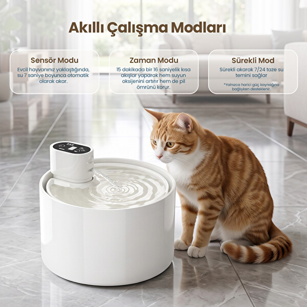 Haustier WF03 2.3 L Sensörlü Kablosuz Bataryalı Ultra Sessiz Seramik Otomatik Kedi Su Pınarı