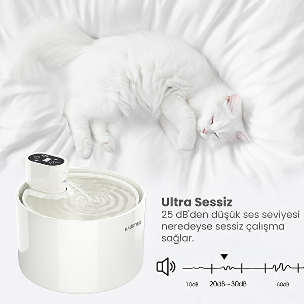 Haustier WF03 2.3 L Sensörlü Kablosuz Bataryalı Ultra Sessiz Seramik Otomatik Kedi Su Pınarı