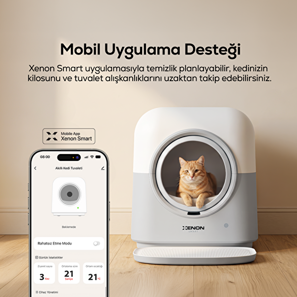Xenon Smart X8621 60 L Otomatik Kedi Tuvaleti 6 L Atık Haznesi UV Wi-Fi Kilo Takibi Beyaz