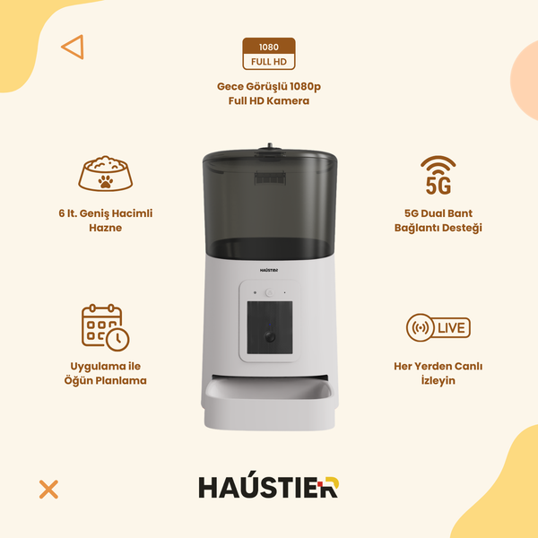 Haustier PP003 Pro 1080P Full HD Gece Görüş Wi-Fi Kameralı Otomatik Kedi Mama Kabı Beyaz